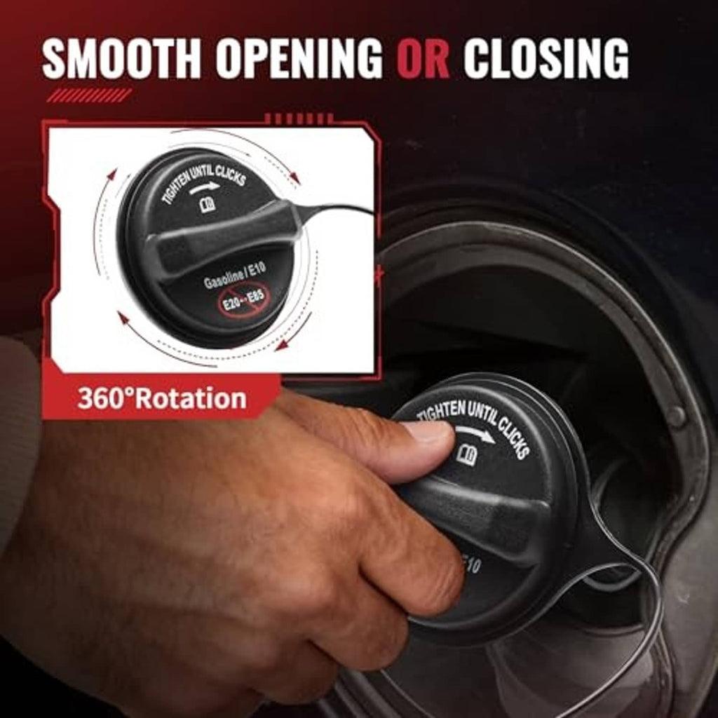 Fuel tank gas cap with tether and 360° rotation for smooth opening or closing
