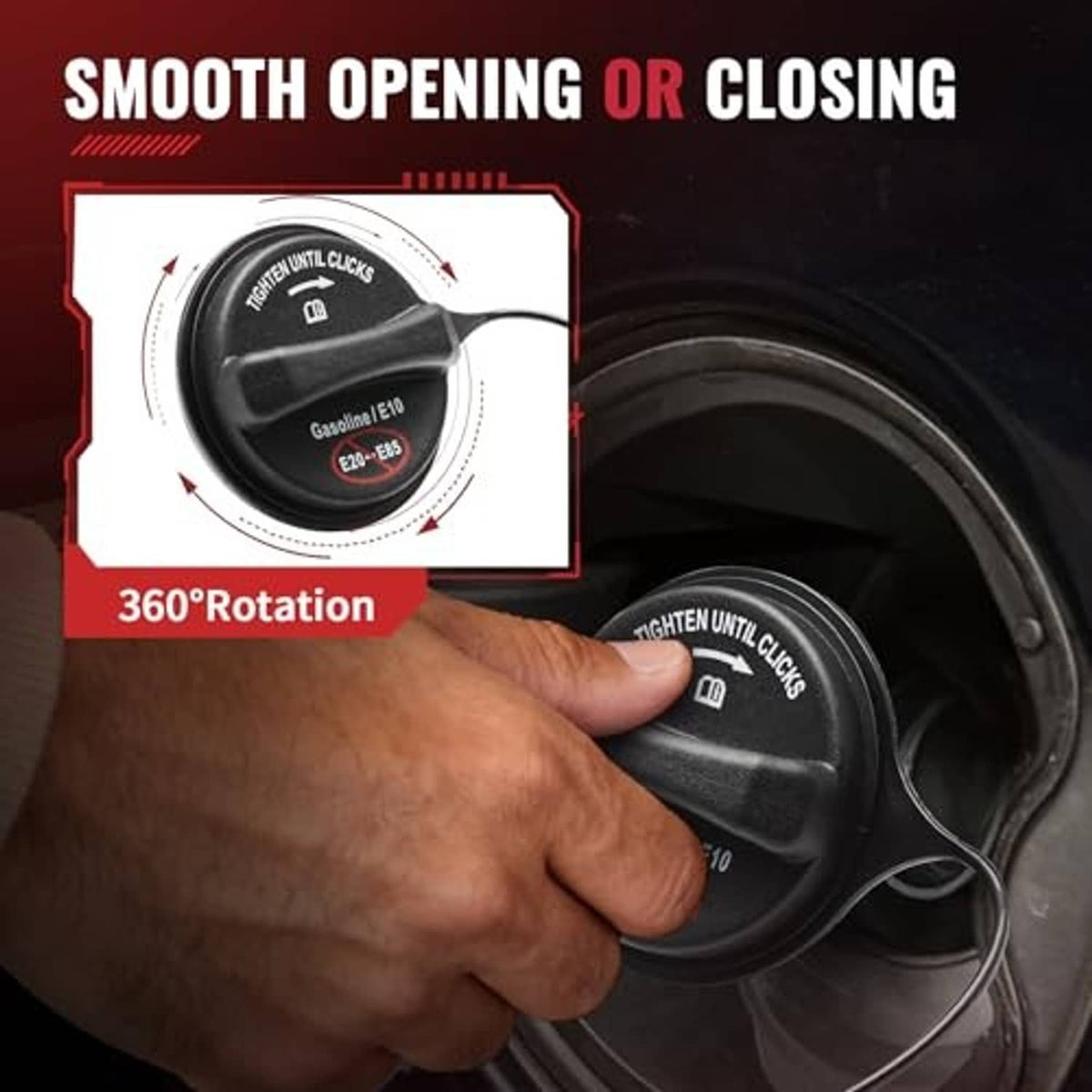 Fuel tank gas cap with tether and 360° rotation for smooth opening or closing