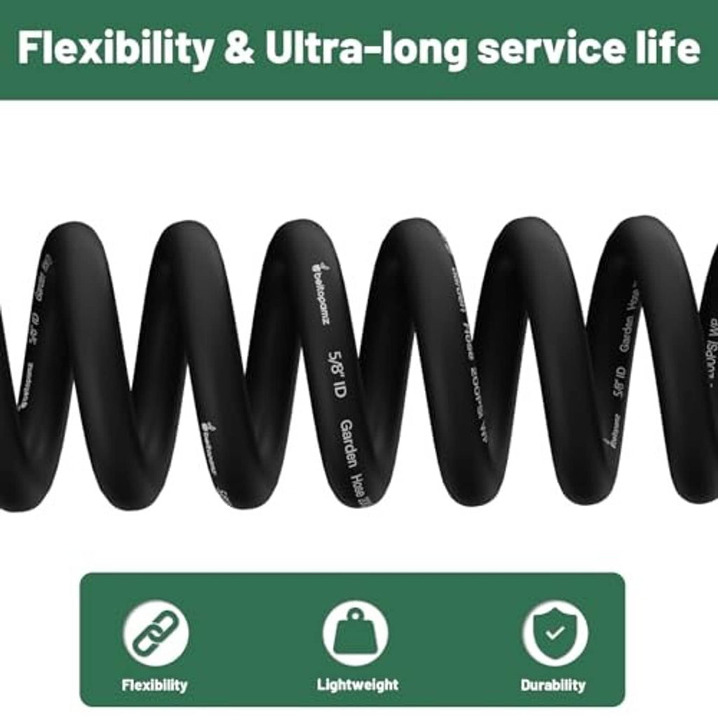 Black garden water hose coil showing flexible, wavy shape
