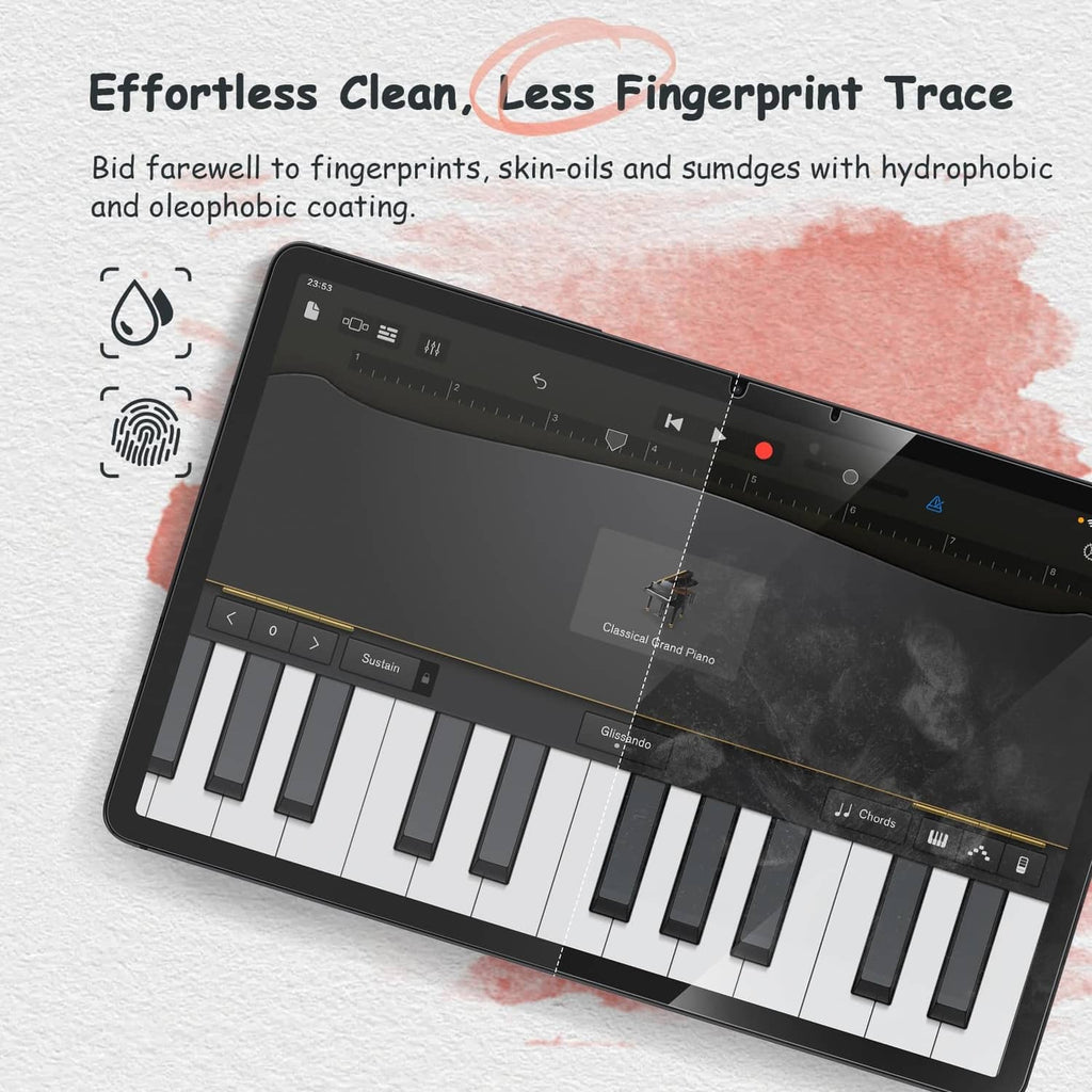 Screen protector film with hydrophobic coating on tablet display, smudge-free