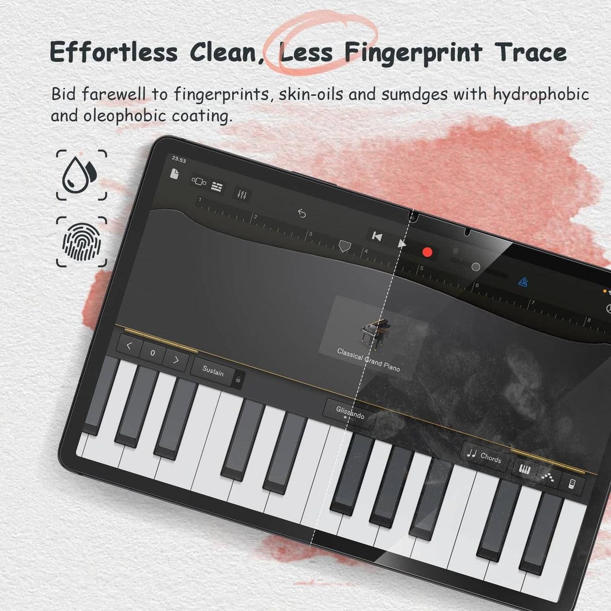 Screen protector film with hydrophobic coating on tablet display, smudge-free