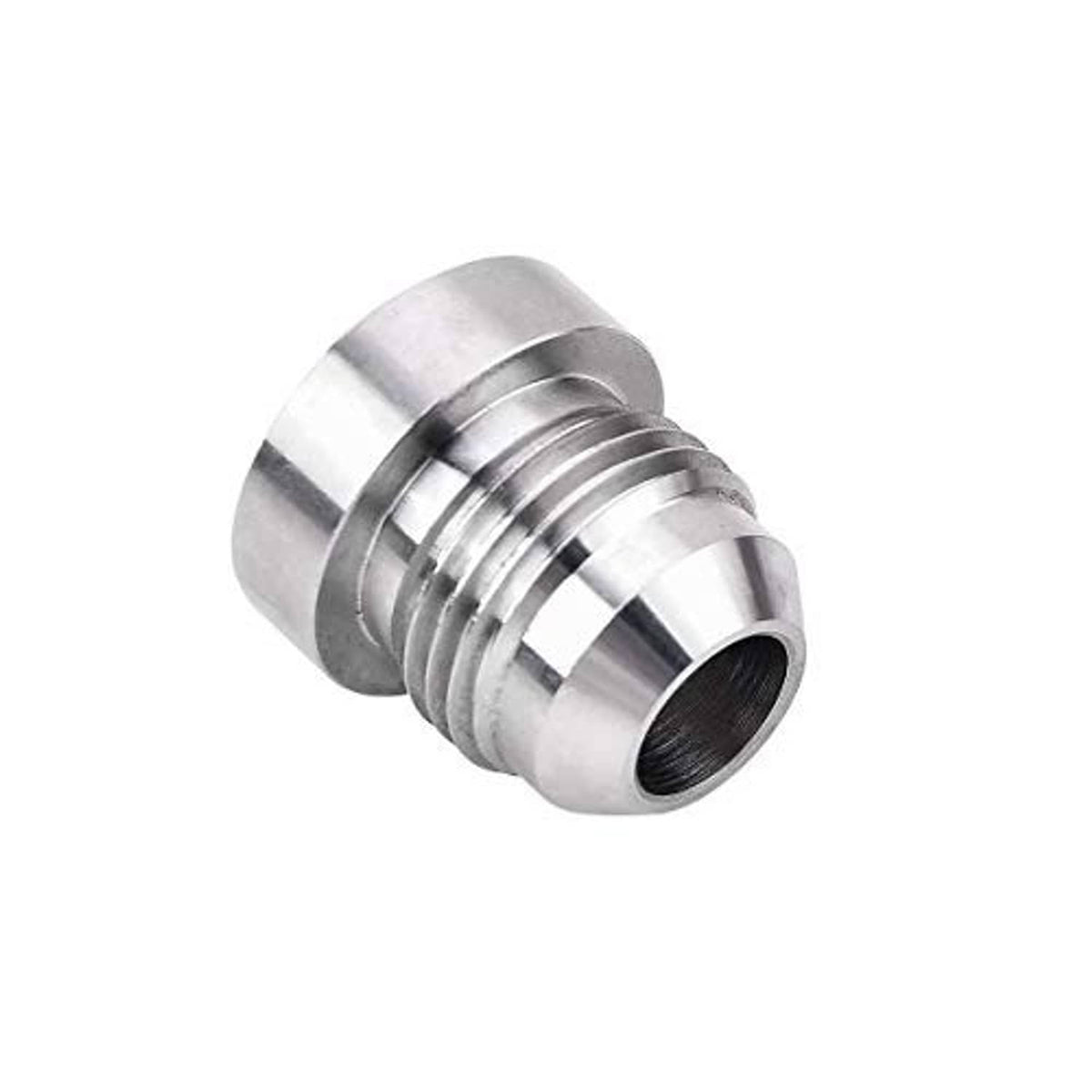 Stainless steel male weld-on bung fitting, angled view of threaded connection