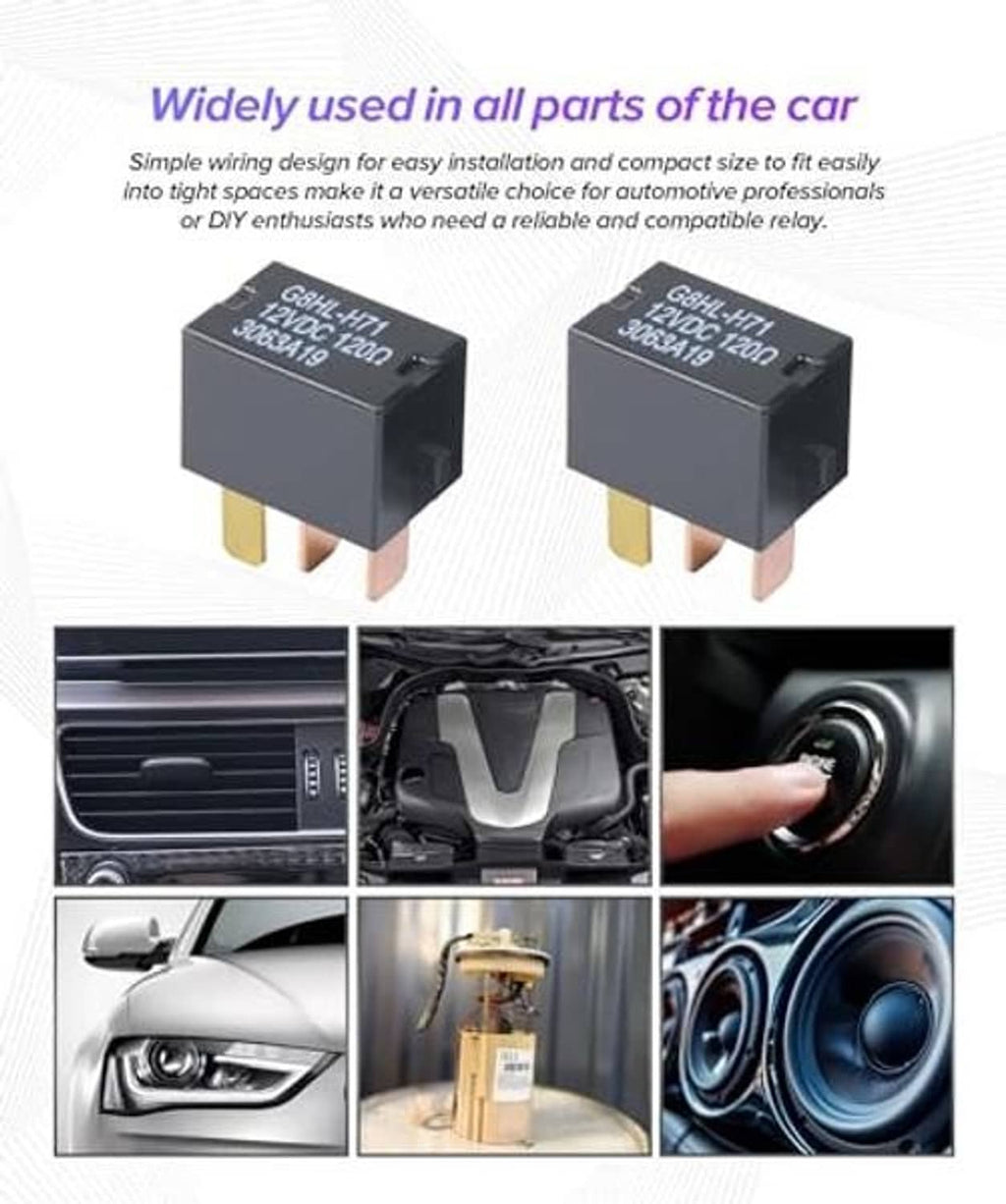 Two black 4-pin car relays with brass blades for automotive accessory use
