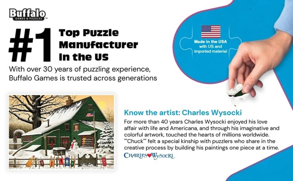Hand placing a puzzle piece; snowy cabin puzzle artwork shown on packaging