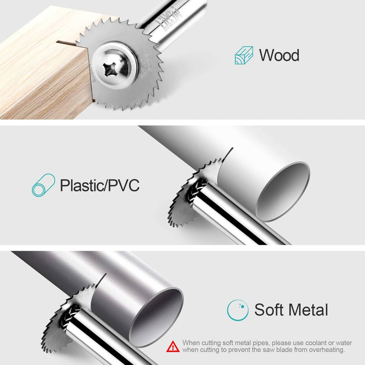 Rotary cutting blade with hex shank and circular serrated disc for wood, plastic, soft metal
