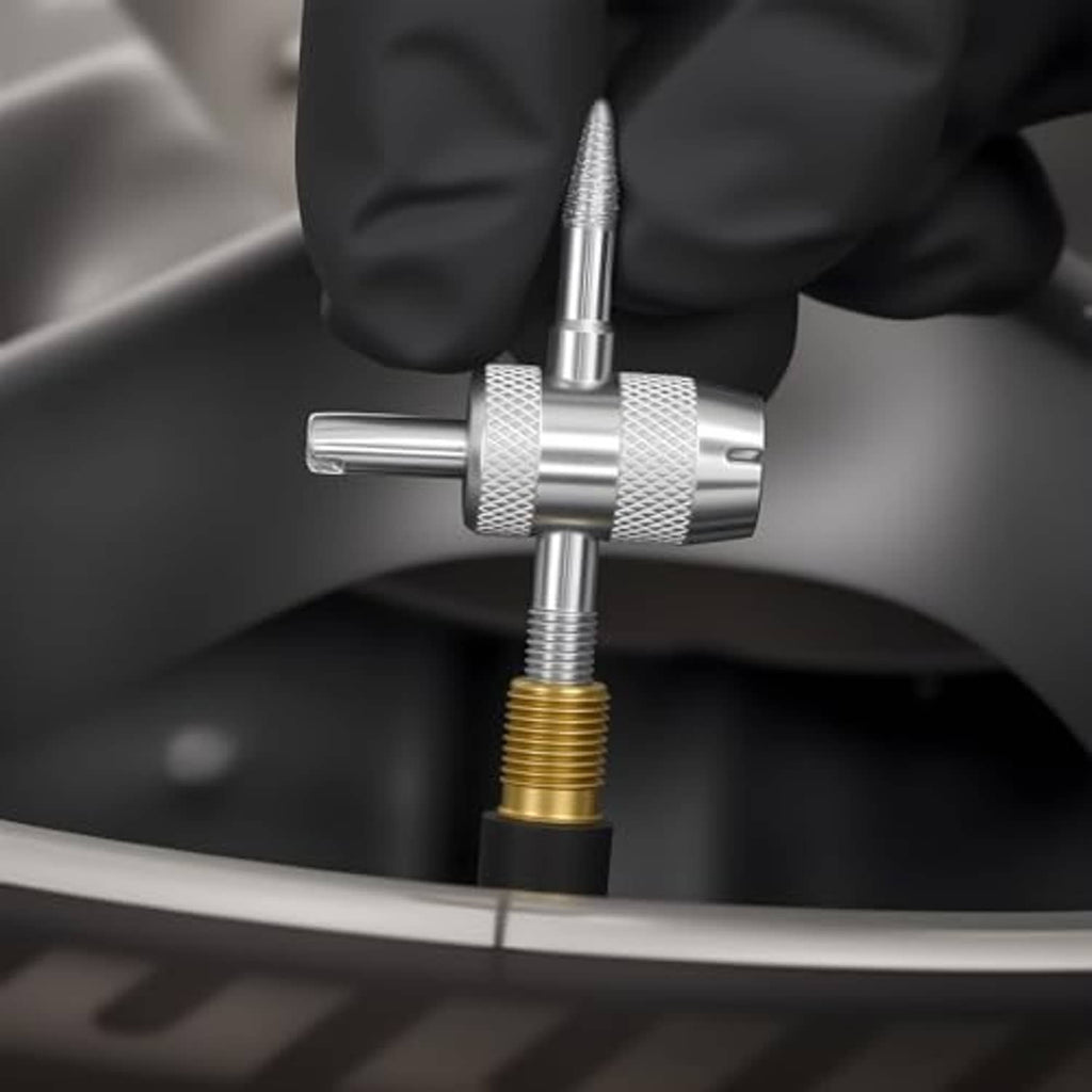 Silver tire valve core tool against a brass valve opening
