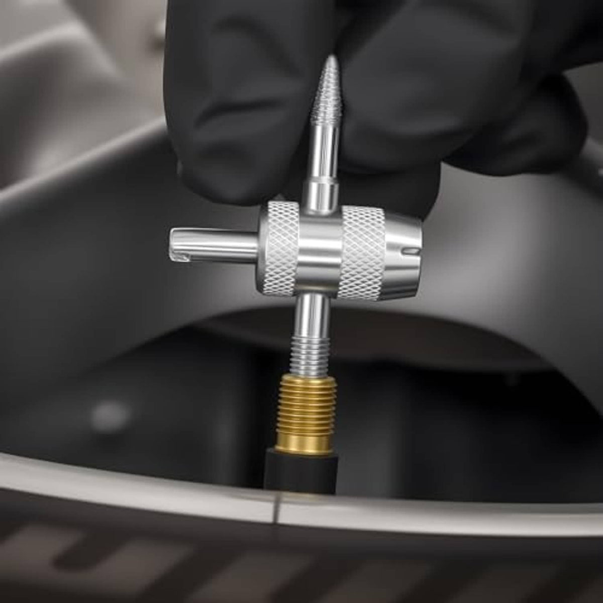 Silver tire valve core tool against a brass valve opening