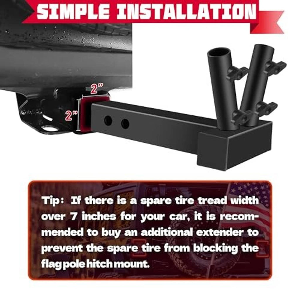 Black double flag pole hitch mount attached to trailer hitch with two upright poles