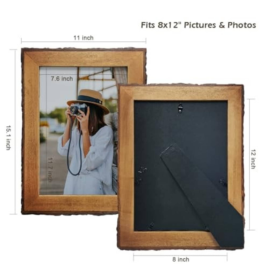 Rustic wood picture frame set with dark backing board, hinged opening for 8x12 photos