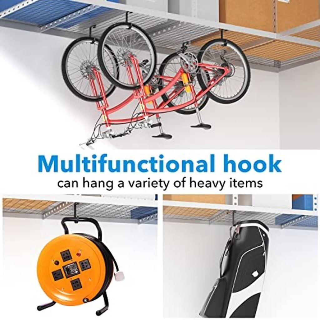Black ceiling hook holding bicycles and other items in a garage