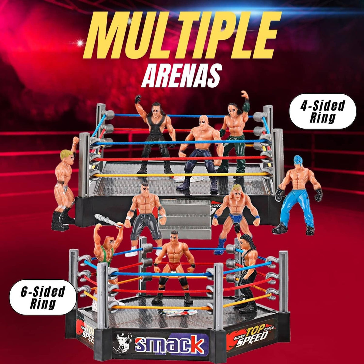 Mini wrestling arenas featuring a 4-sided ring and a 6-sided ring with figures