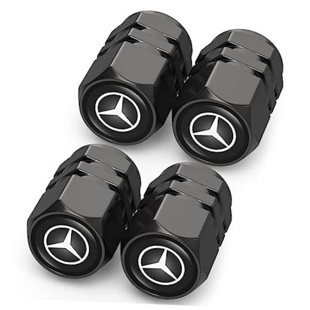 Set of 4 black tire valve stem caps with Mercedes-Benz star logo, hex grip design