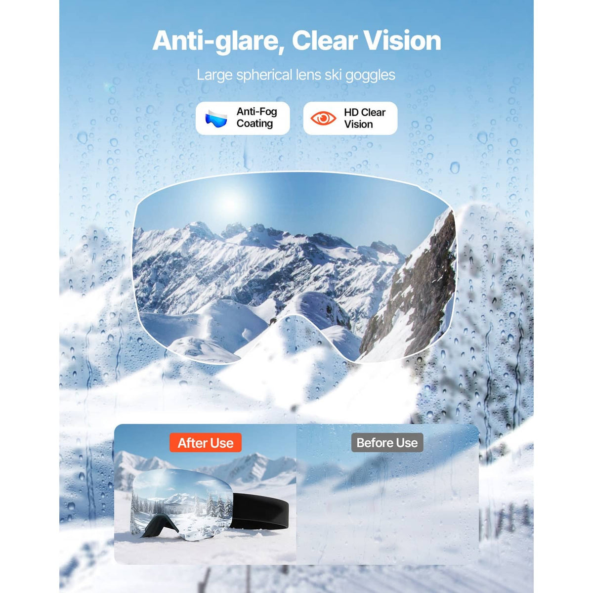Blue ski goggles with large spherical lens and black adjustable strap