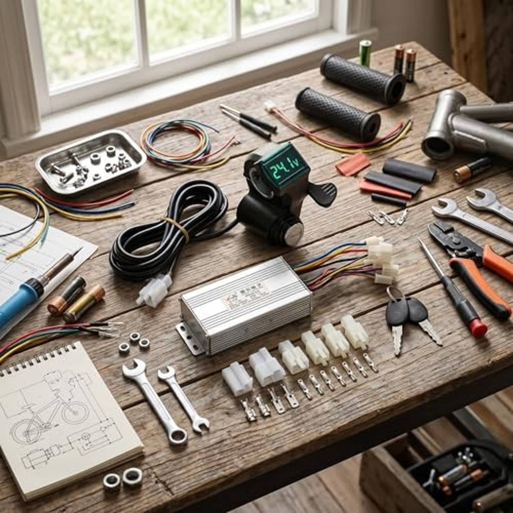 E-bike motor controller kit components laid out: throttle, controller, cables, terminals, tools