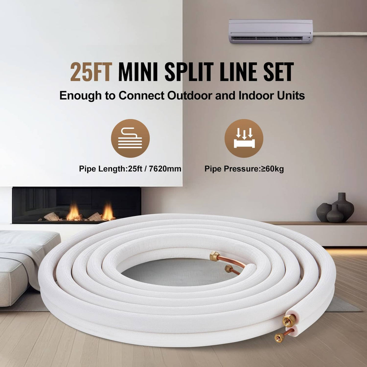 Insulated mini split line set kit with coiled white tubing and included accessory parts