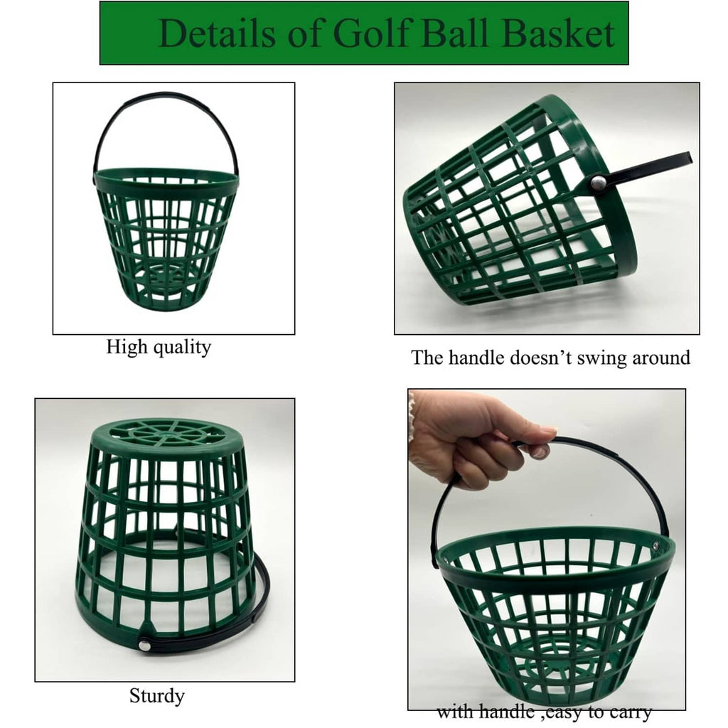 Green golf ball basket detail showing carry handle, sturdy base, and grid sides