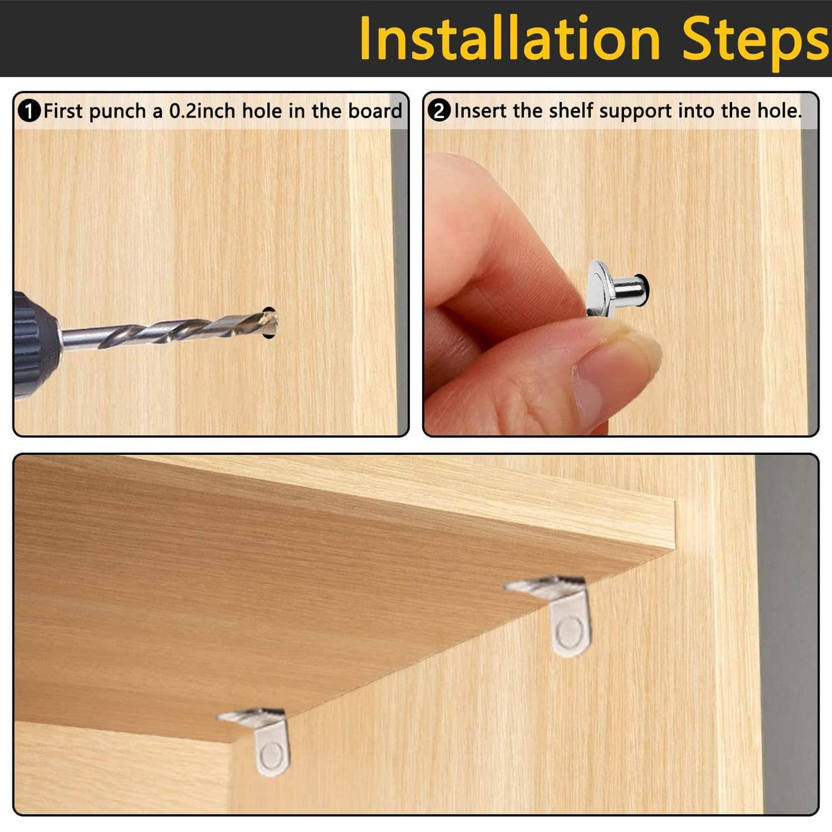 Silver shelf support peg installation showing drilling a hole and inserting the bracket