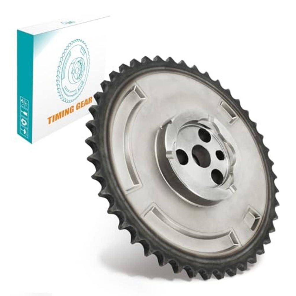 Silver timing sprocket gear, toothed outer edge with three-bolt mounting hub