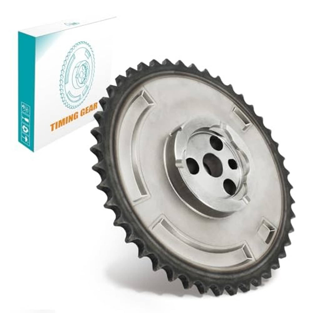 Silver timing sprocket gear, toothed outer edge with three-bolt mounting hub