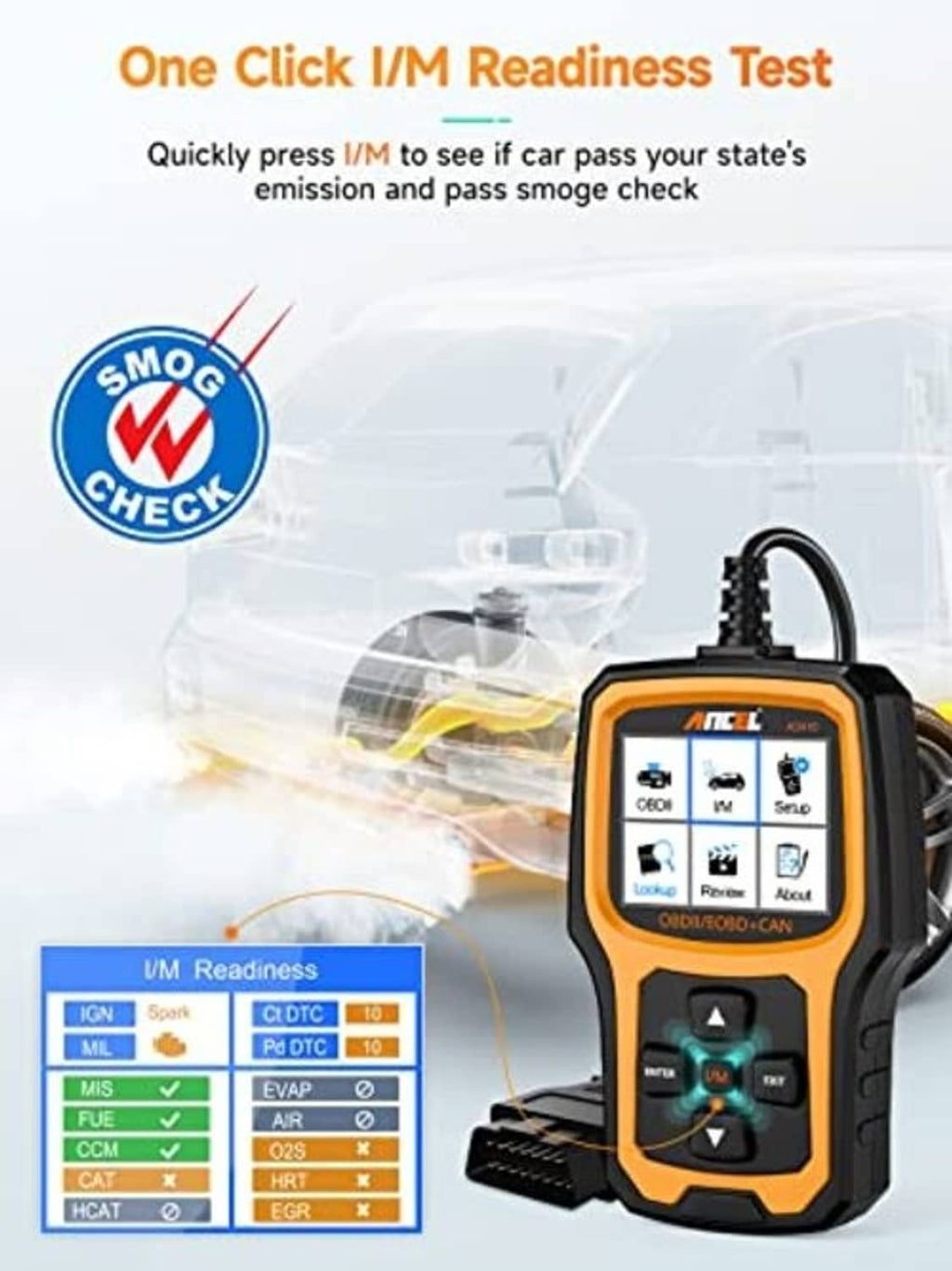 ANCEL AD410 OBD2 scanner with screen and cable beside smog check graphic