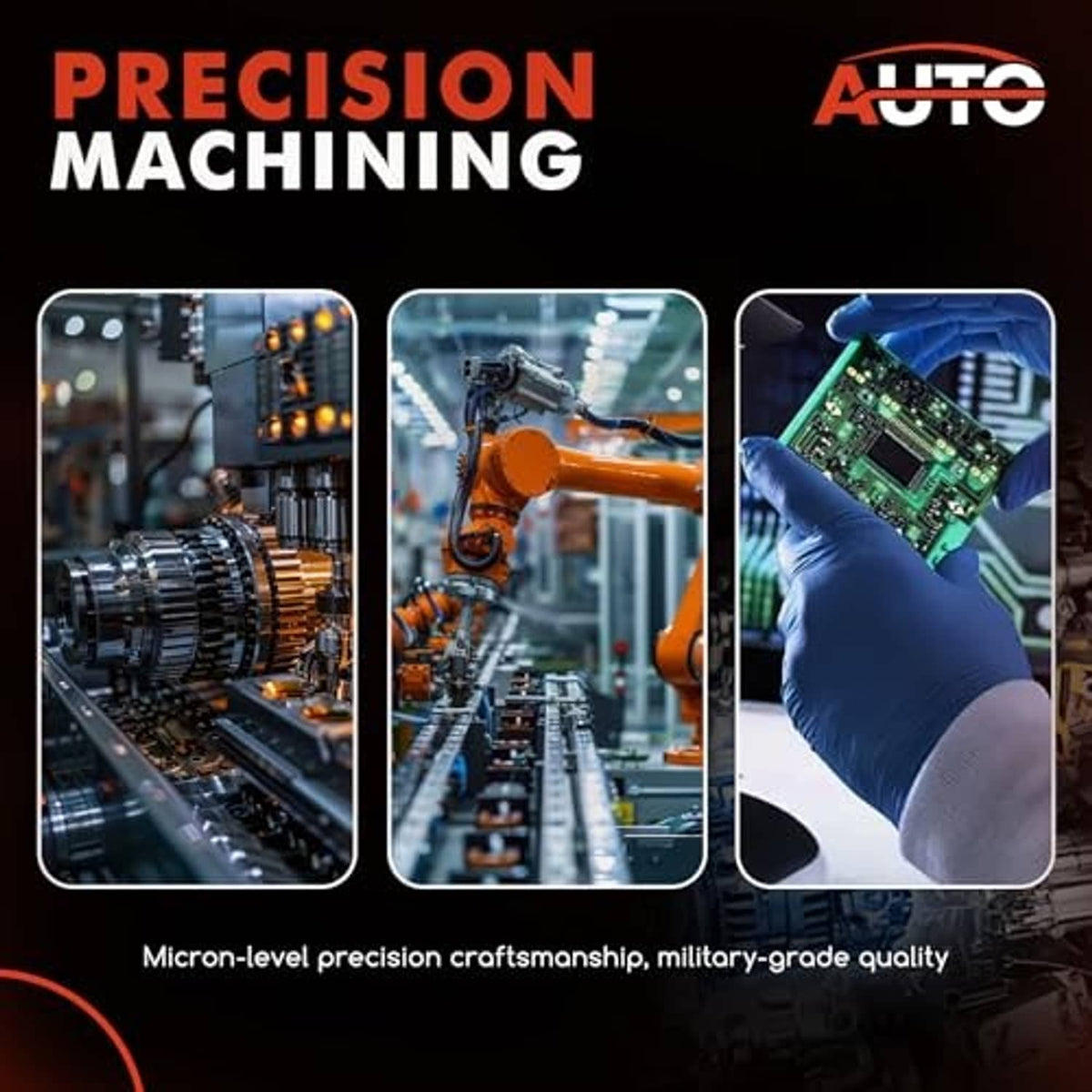 Precision machining infographic showing circuit board and manufacturing process for ignition module