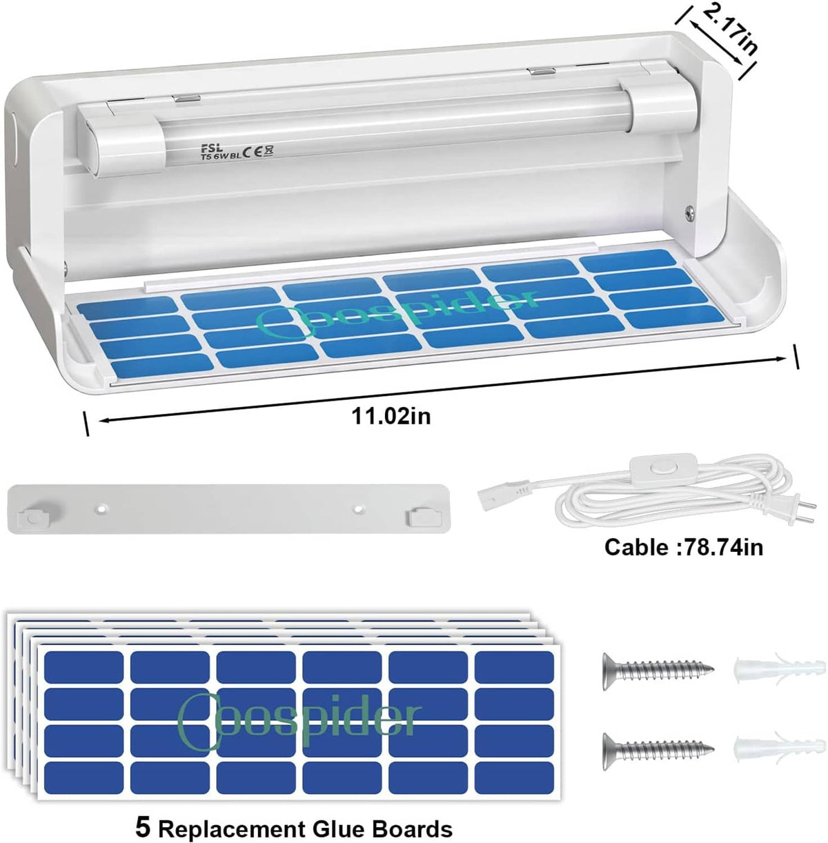 White UV fly trap wall unit and 5 blue replacement glue boards with cable