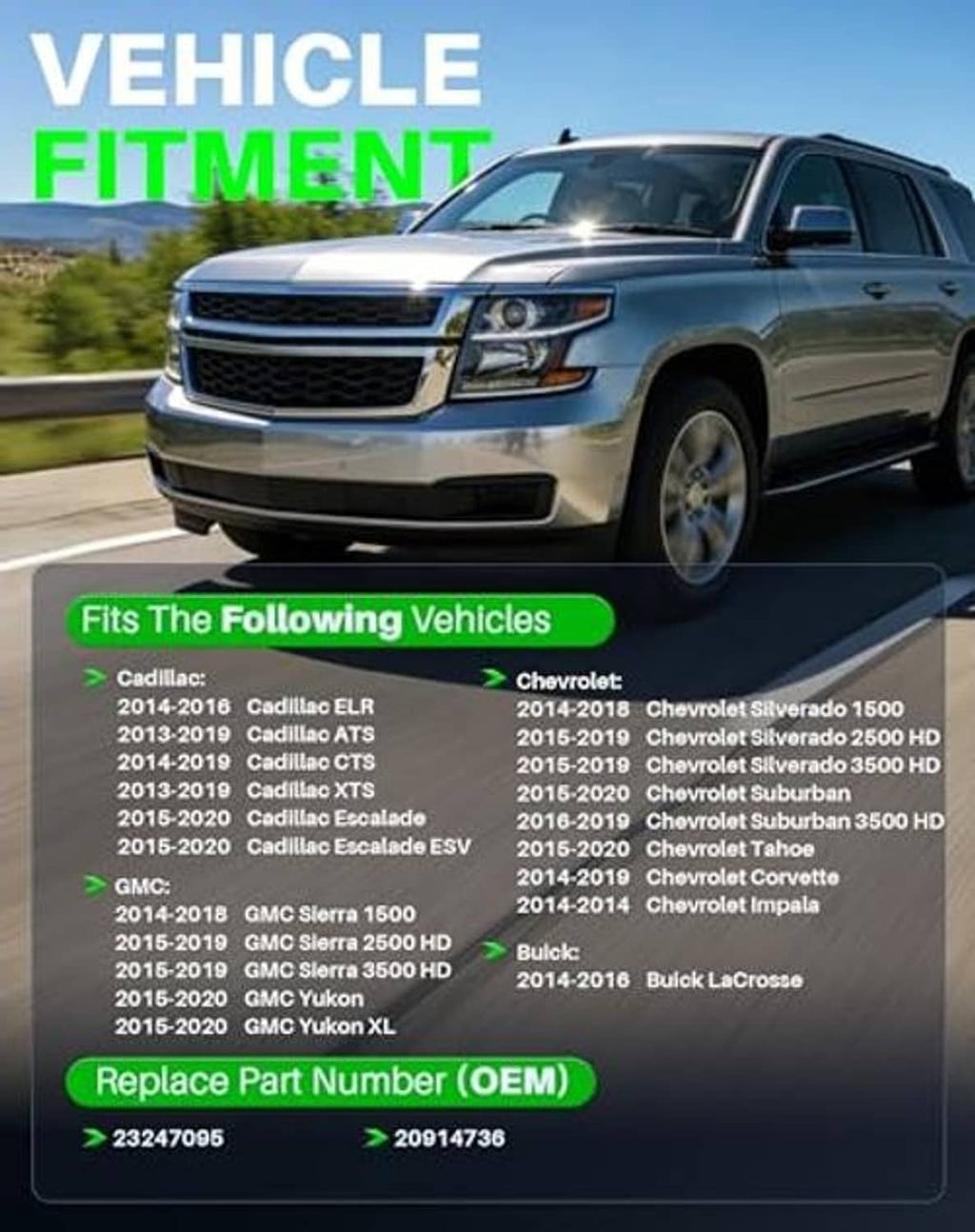 Vehicle fitment chart poster listing compatible Cadillac and GMC models