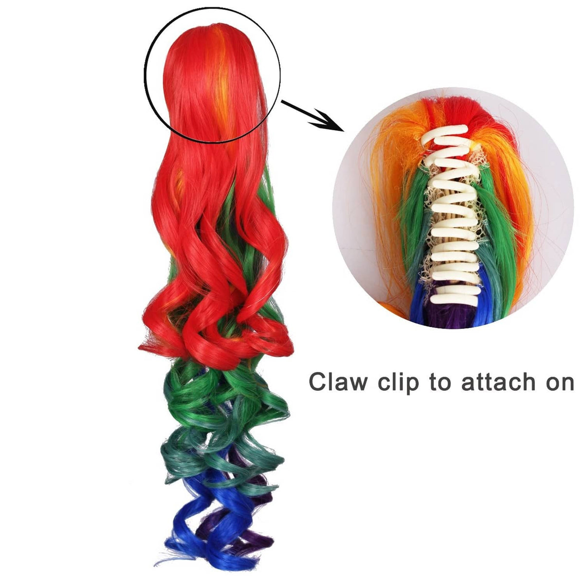 Clip-on ponytail section with rainbow curls, red tip and green-blue base