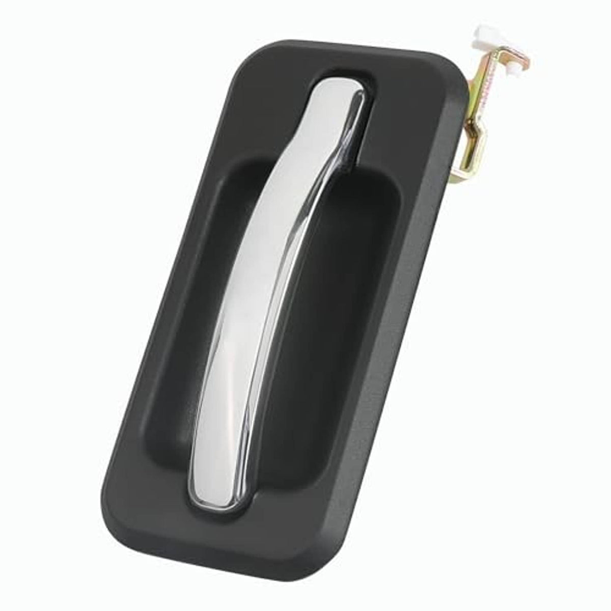 Chrome pull bar in black exterior door handle housing with connector
