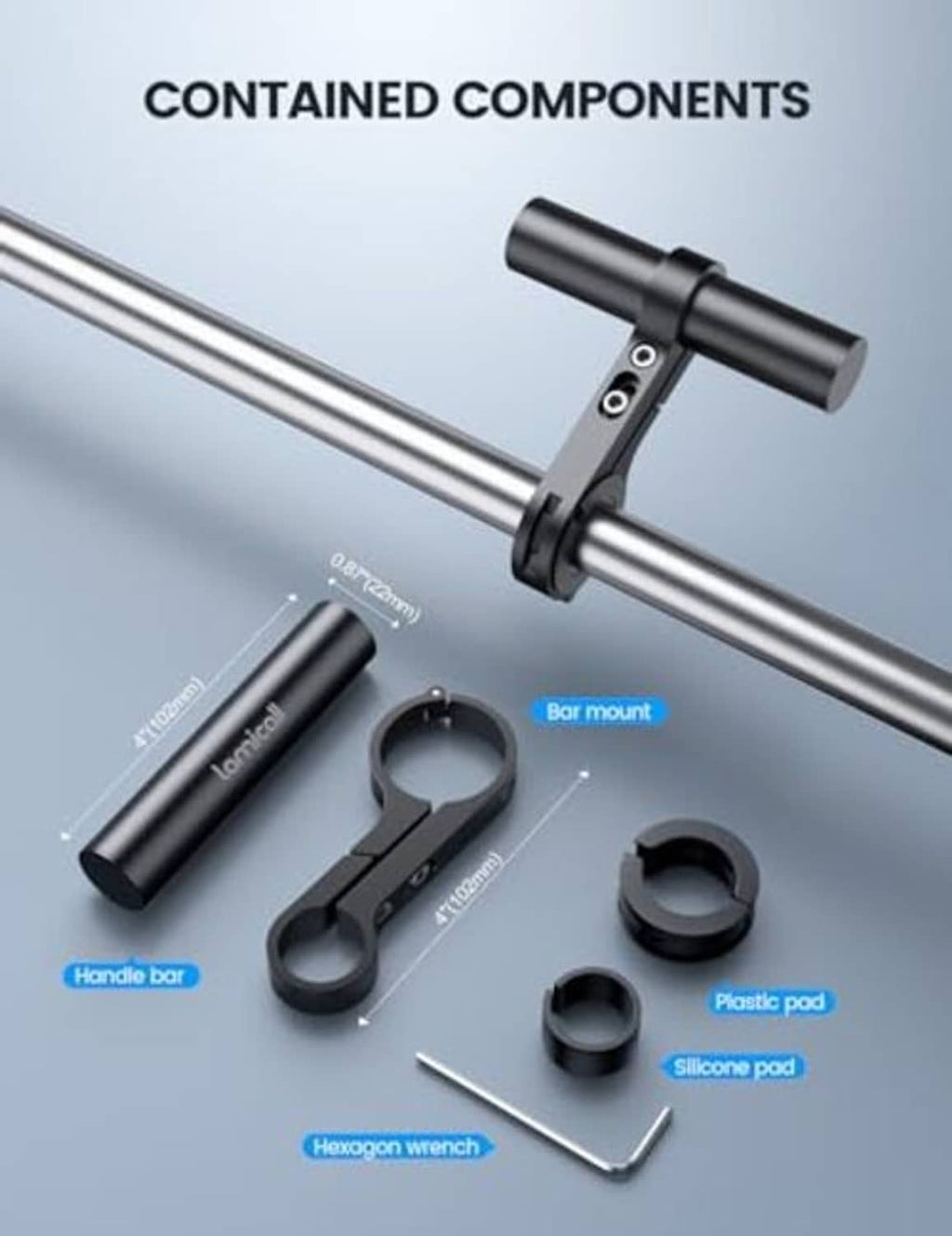 Bike handlebar extender kit with clamp, pads, handlebar mount, and hex wrench