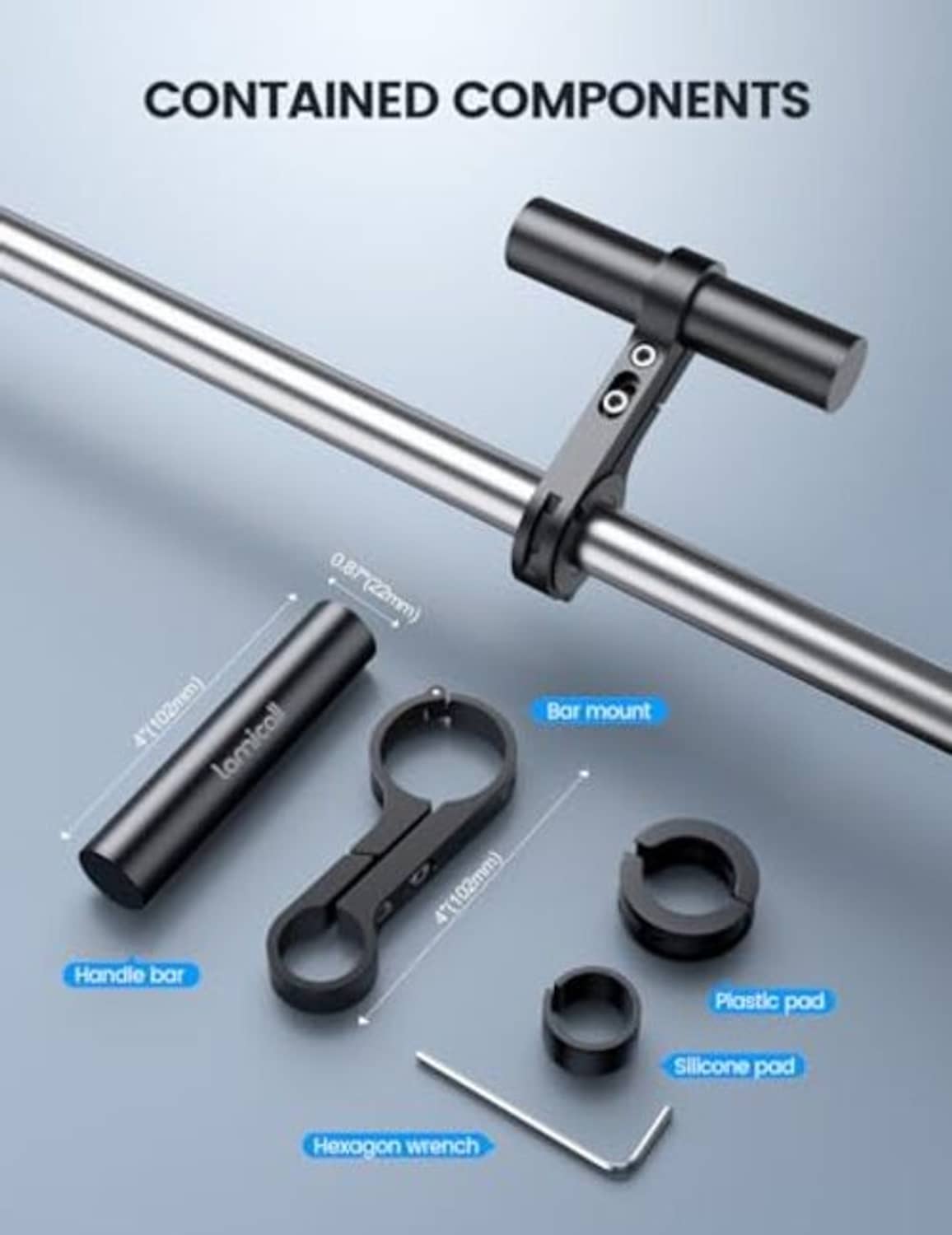 Bike handlebar extender kit with clamp, pads, handlebar mount, and hex wrench