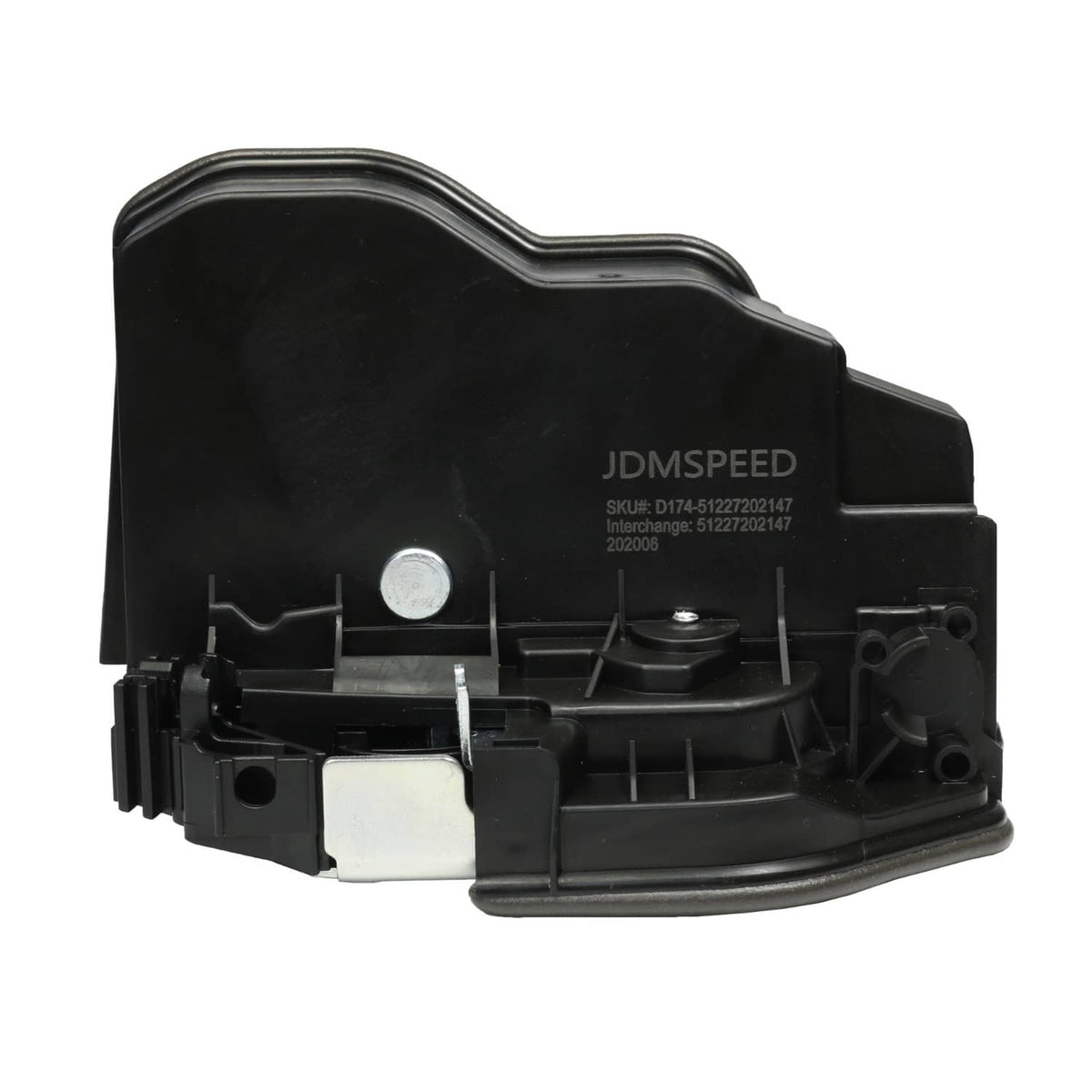 Rear left power door lock latch actuator, black plastic housing with metal pin