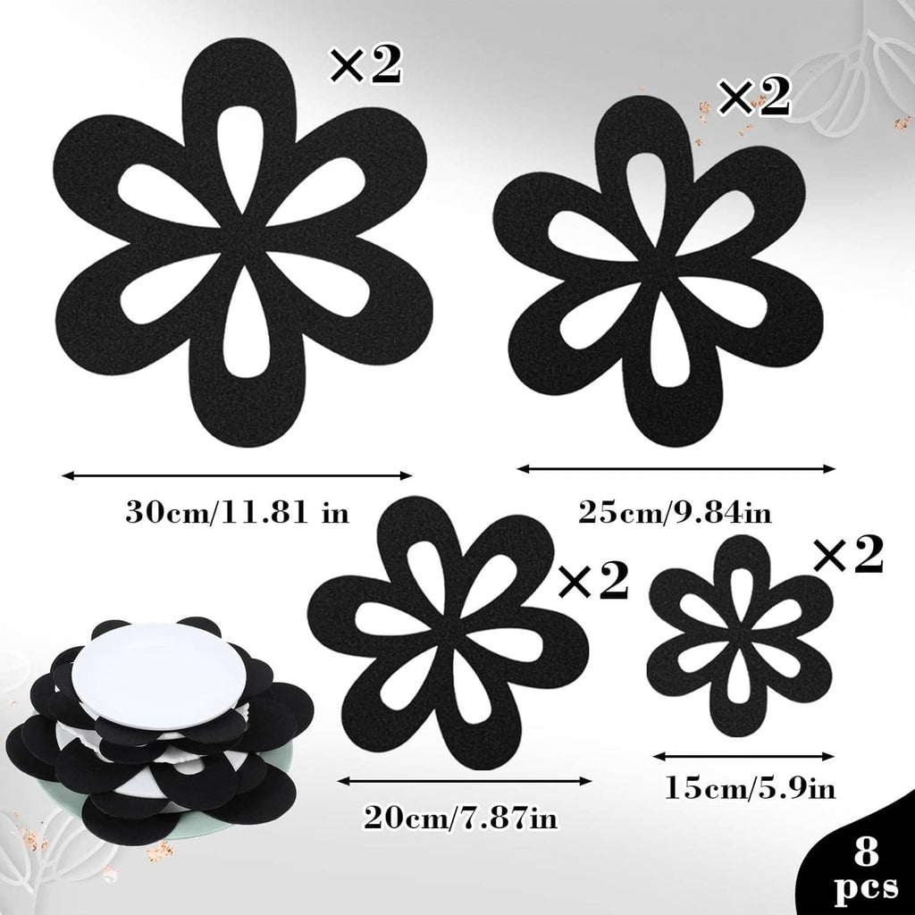 Set of black felt flower liners with white center disc; sizes and quantities labeled