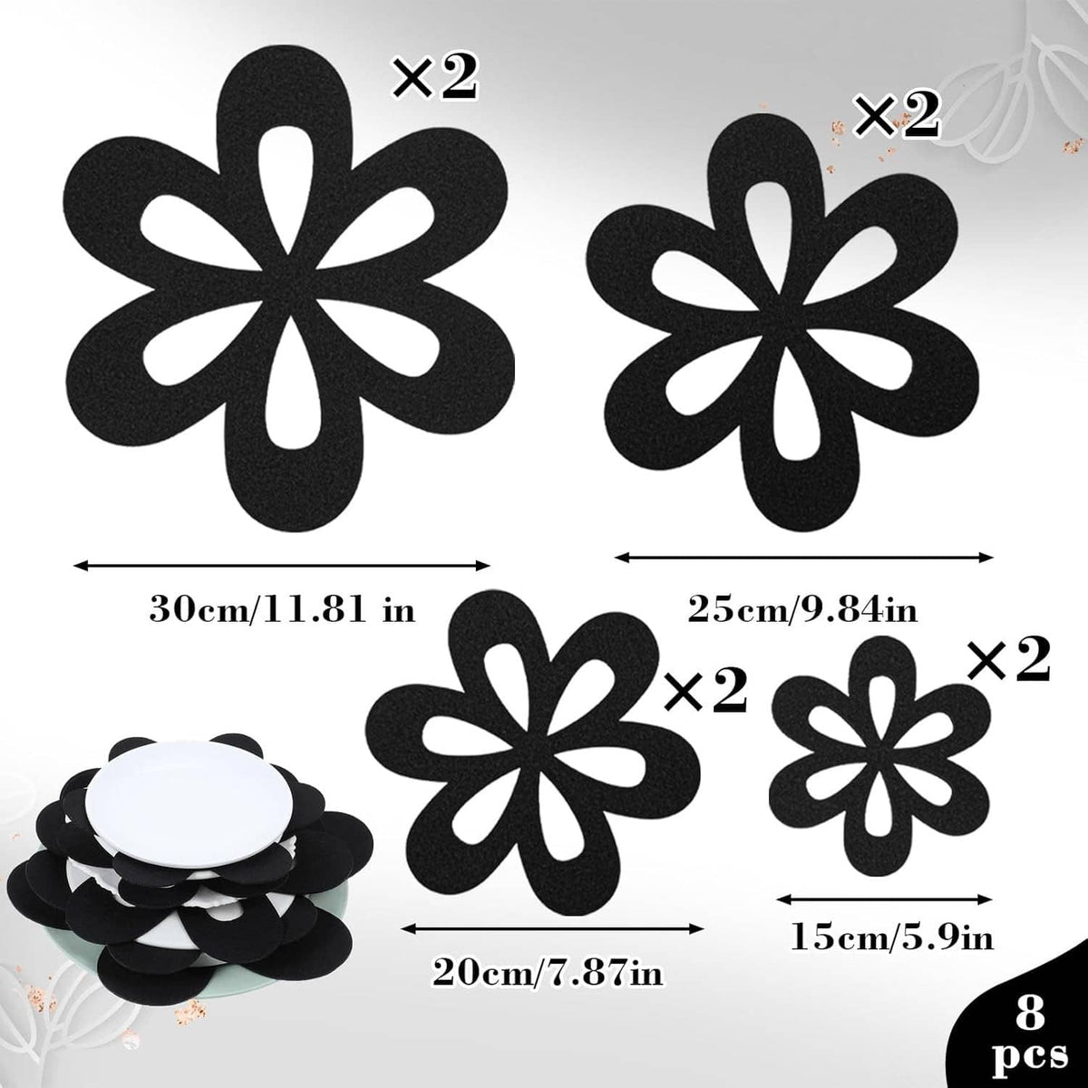 Set of black felt flower liners with white center disc; sizes and quantities labeled