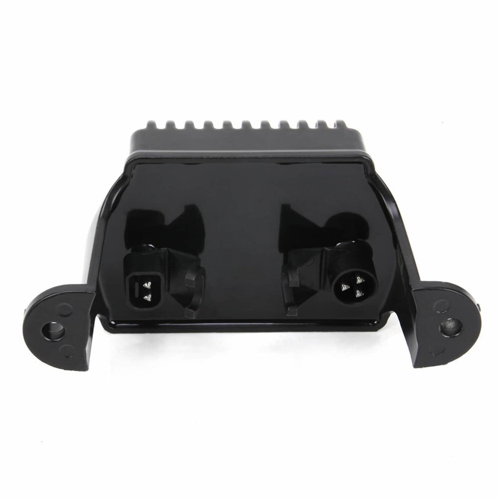Black voltage regulator rectifier rear panel with two cap-covered connector ports