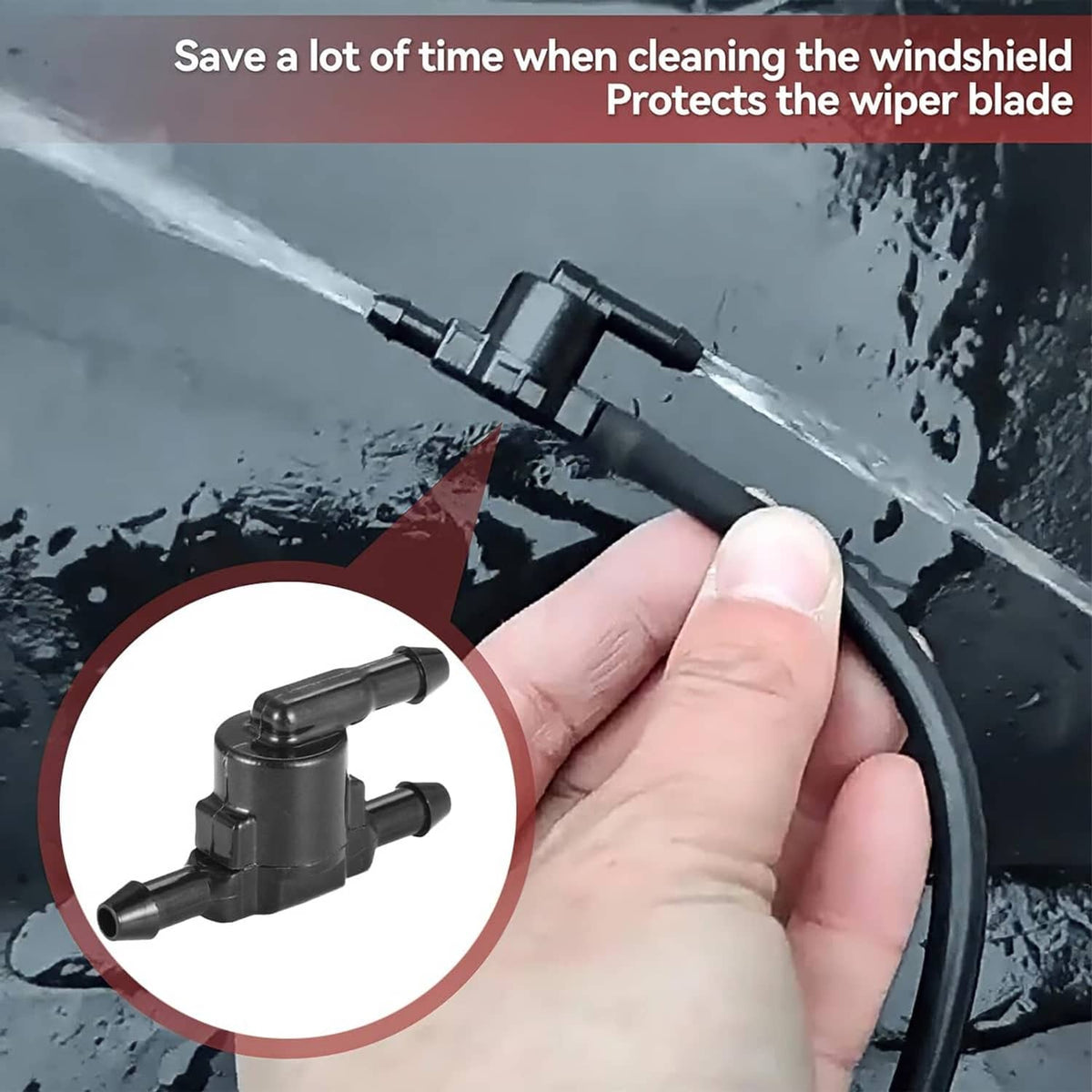 Black windshield washer check valve in hand near wiper hose connector