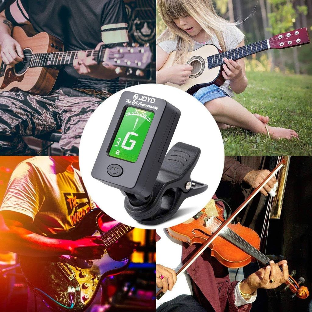 Clip-on tuner capo with LCD display in a music scene, black clamp