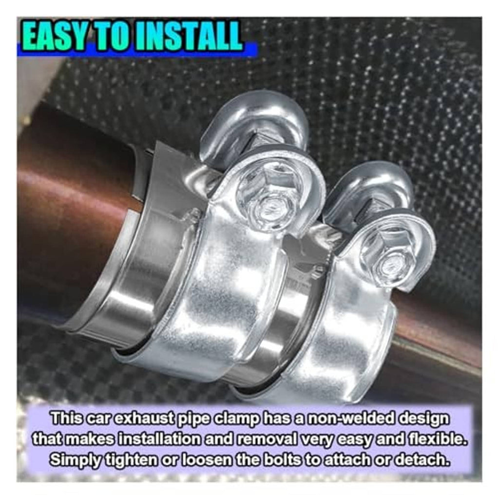 Stainless steel exhaust pipe clamp with two bolts securing the band straps