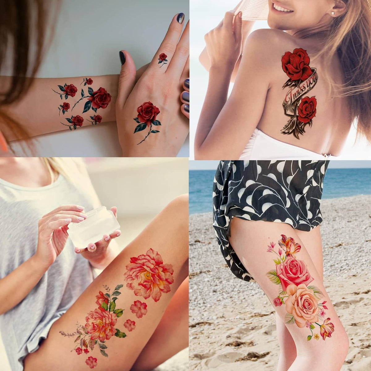 Temporary rose and floral tattoos on skin, with red roses and small blossom details
