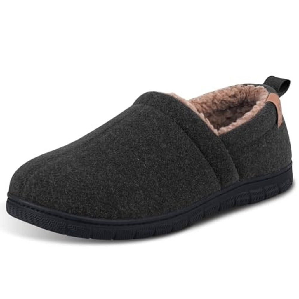 Black slip-on slippers with plush sherpa lining and textured rubber sole