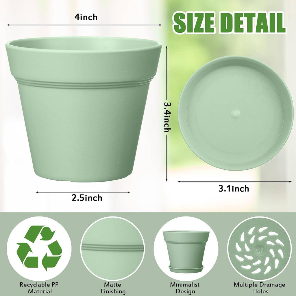 Light mint 4-inch plant pot with saucer, showing circular drainage holes on the base.