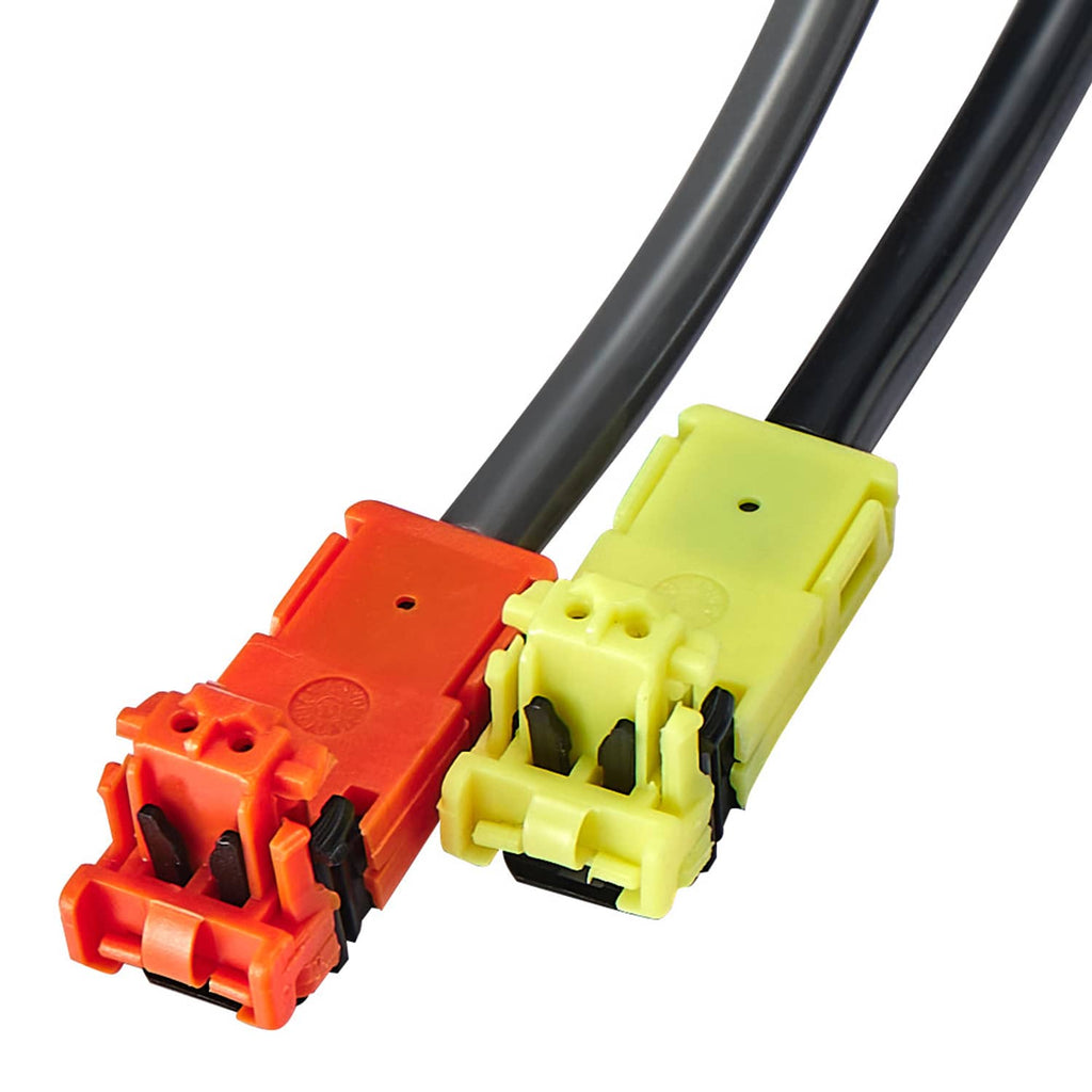 Clock spring cable connector ends in orange and yellow with paired wire leads