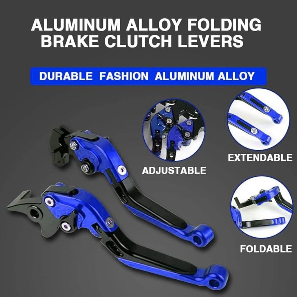 Folding motorcycle brake and clutch levers, blue and black with adjustable hinge