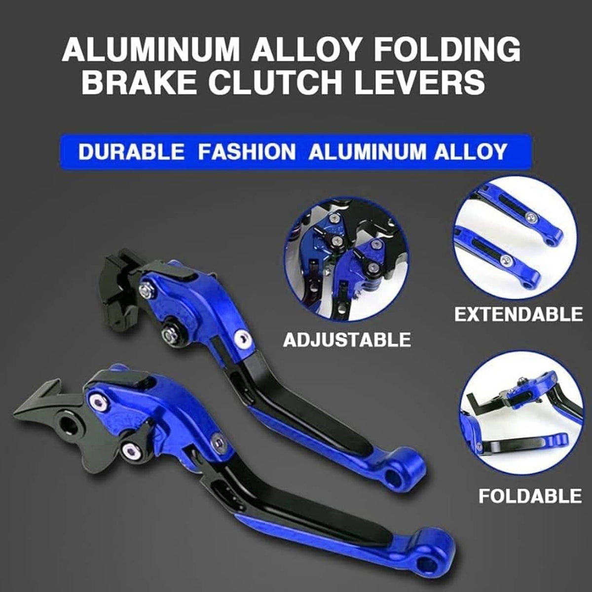 Folding motorcycle brake and clutch levers, blue and black with adjustable hinge
