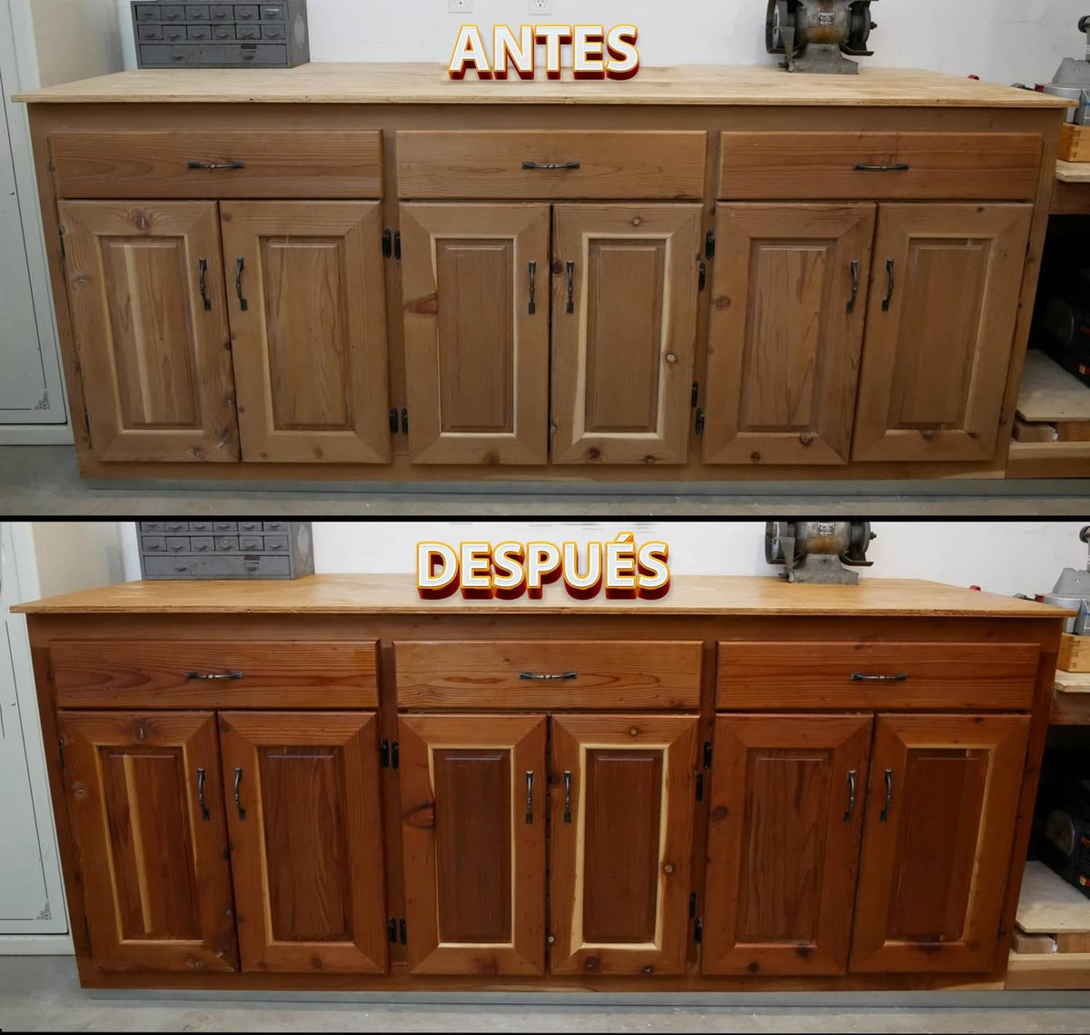 Howard Feed-N-Wax wood polish bottle in front of wooden kitchen cabinets