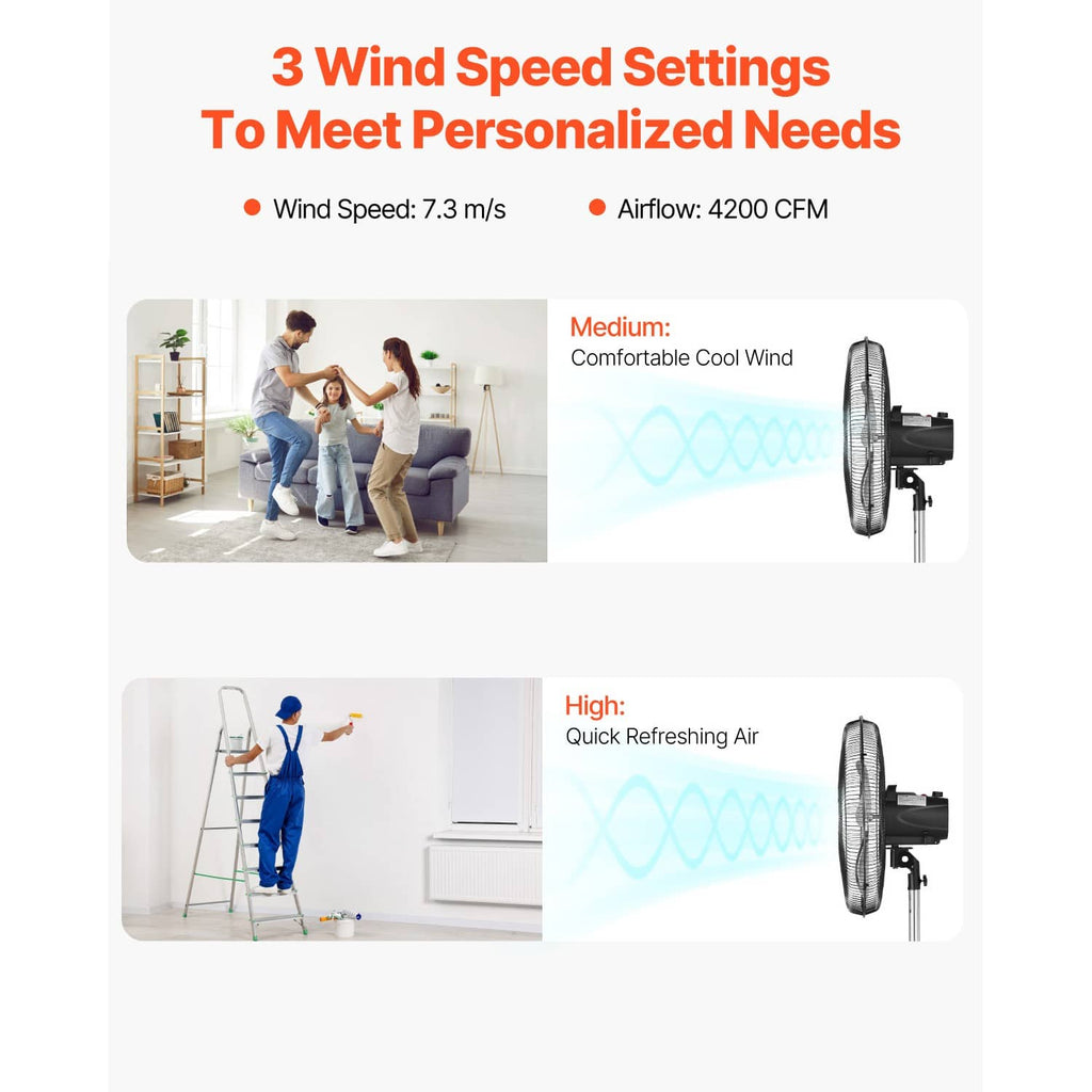 3-speed standing floor fan with airflow mode visuals and fan side silhouette