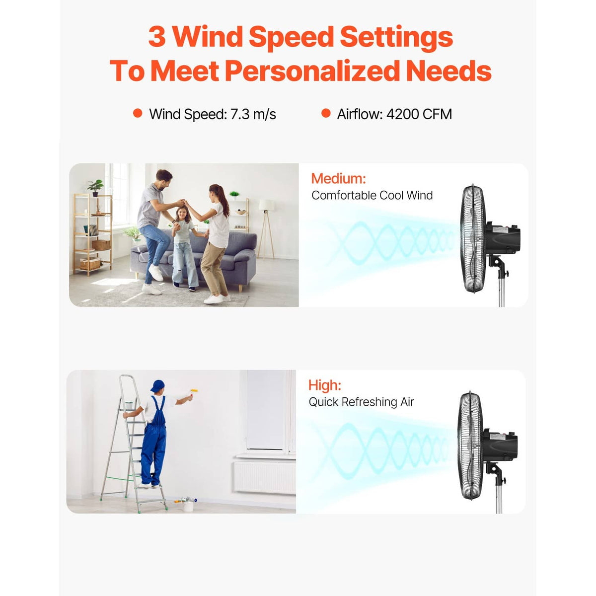 3-speed standing floor fan with airflow mode visuals and fan side silhouette