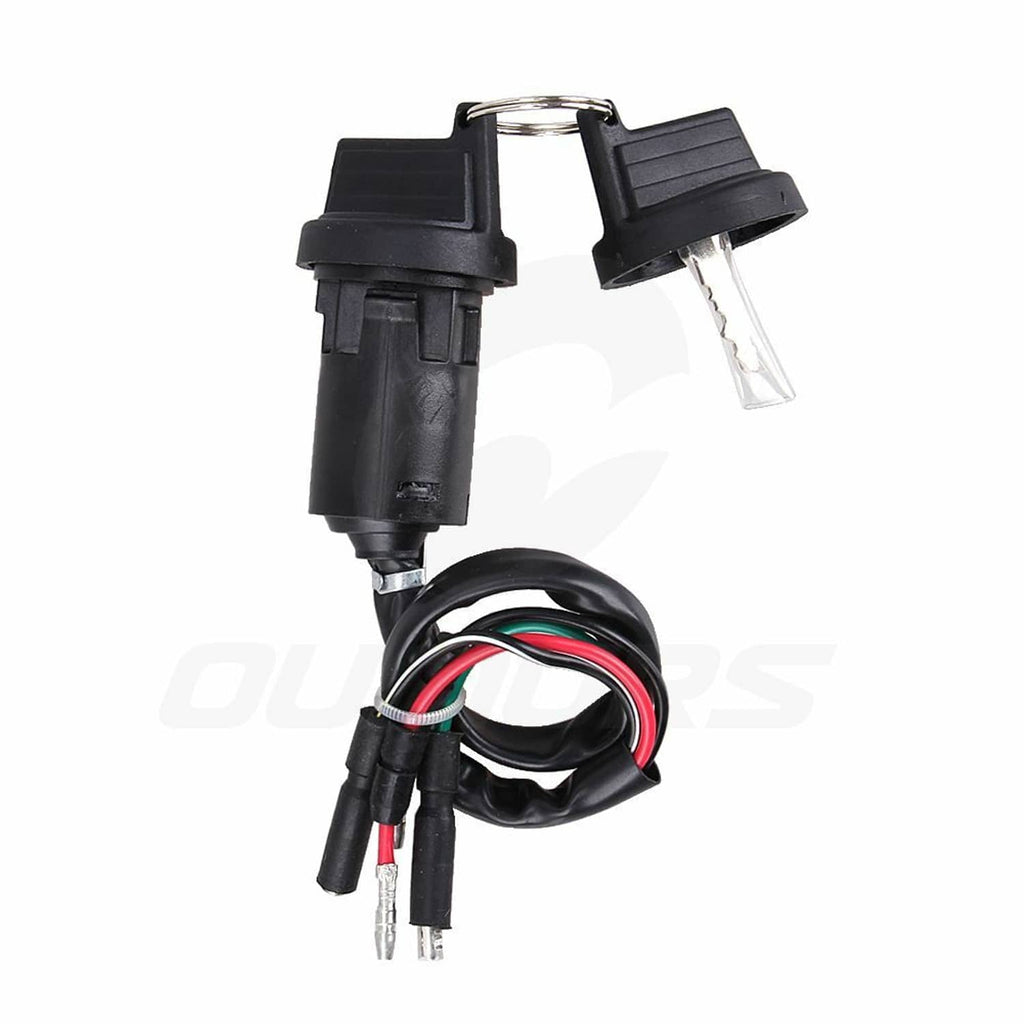 Ignition key switch with keys, black body, and coiled wire harness