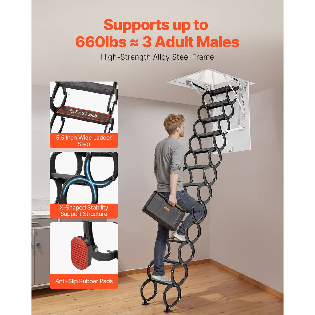 Ceiling attic ladder with black step rings and white frame in extended position