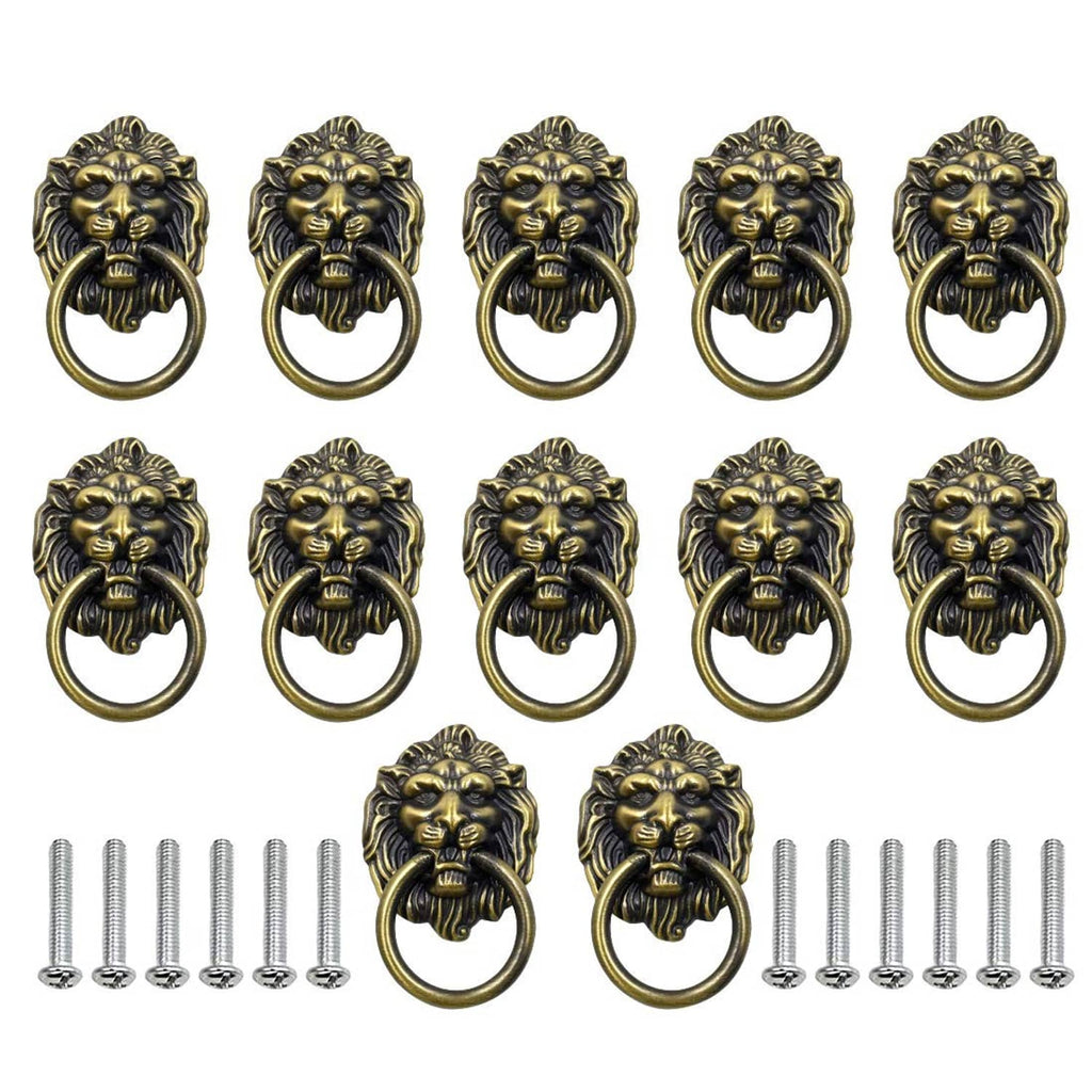 Bronze lion head cabinet knobs with ring handles, 12-pack with mounting screws